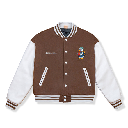 "STUDENT DUCK” VARSITY JACKET COFFEE