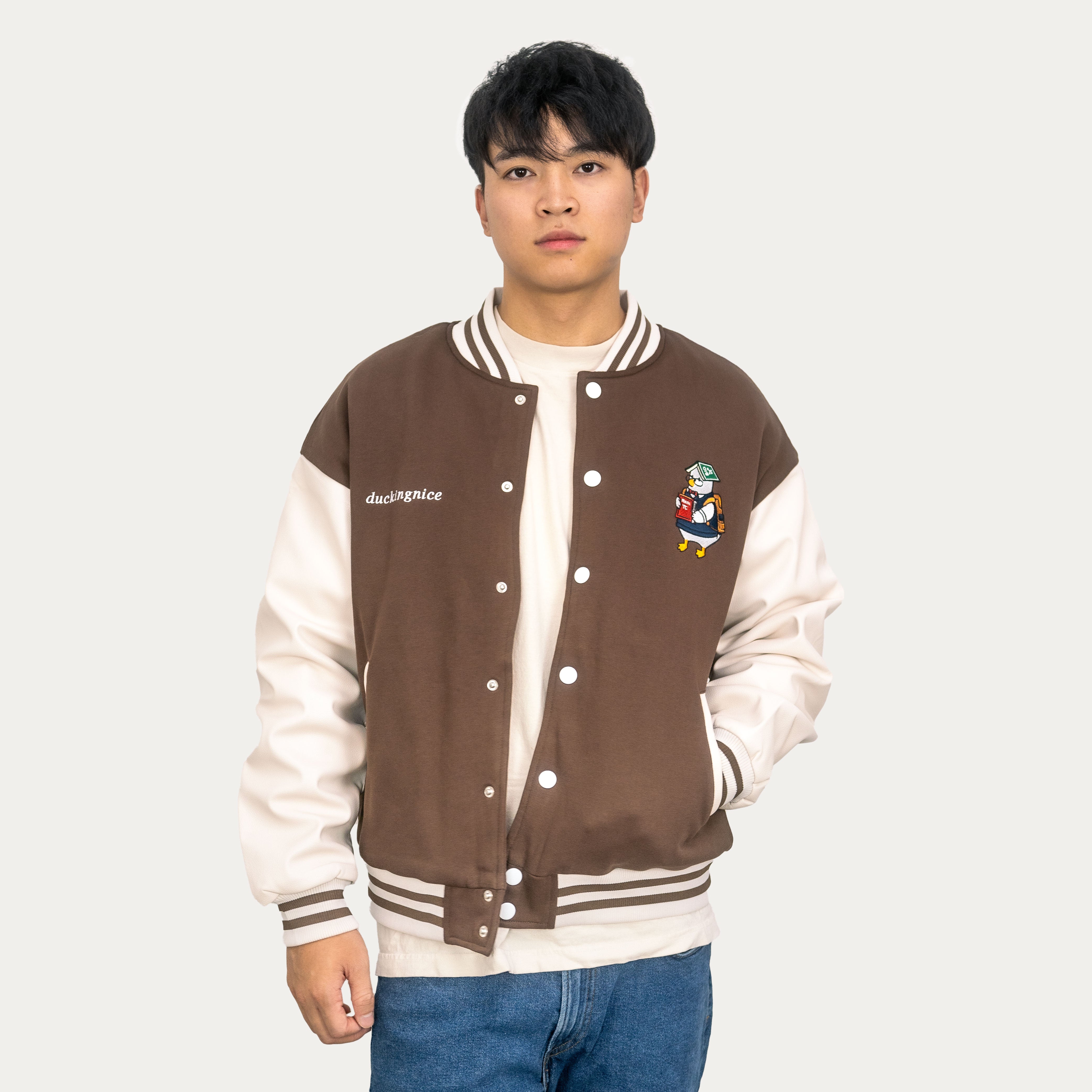 "STUDENT DUCK” VARSITY JACKET COFFEE